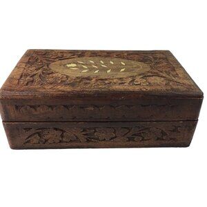 Wood Jewelry Chest Storage Box Inlay Carved Floral Pattern Solid Mid Century u